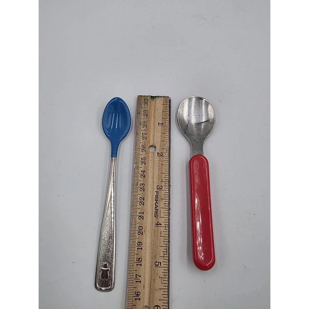 2 Vtg The First Years Baby Spoons Silicone  Melamine Stainless Steel‎ Red & Blue